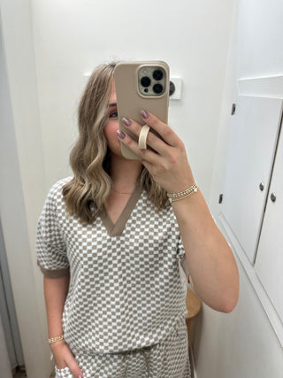 Indie Checkerboard Knit Top - Beige