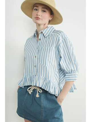 Melissa Stripe Ruffle Hem Long Sleeve Top- Blue and White