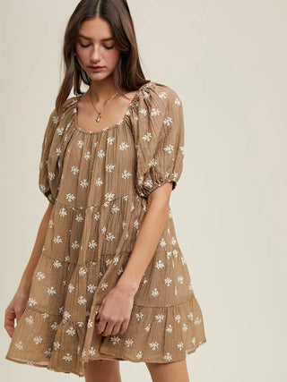 Jessica Floral Embroidered Mini Dress- Latte/Cream