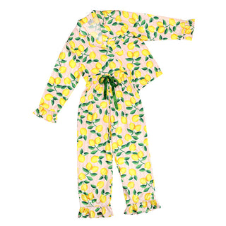 Pink Stripes + Lemons Full-Length Ruffled PJ Set with Velvet Tie