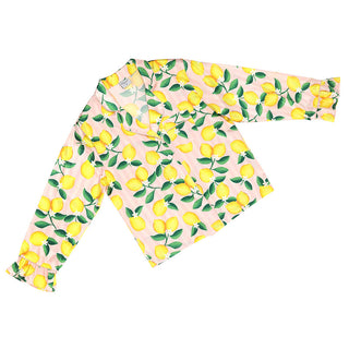 Pink Stripes + Lemons Full-Length Ruffled PJ Set with Velvet Tie