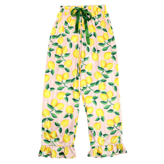 Pink Stripes + Lemons Full-Length Ruffled PJ Set with Velvet Tie