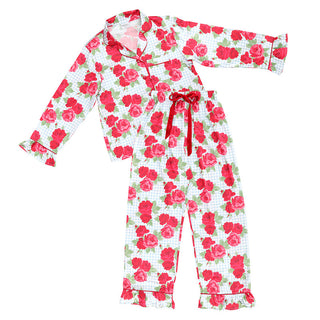 Blue Gingham + Red Roses Full-Length Ruffled PJ Set with Velvet Tie