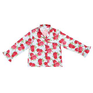 Blue Gingham + Red Roses Full-Length Ruffled PJ Set with Velvet Tie