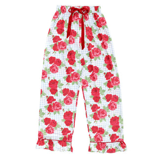 Blue Gingham + Red Roses Full-Length Ruffled PJ Set with Velvet Tie