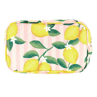 Pink Stripes + Lemons Quilted Cosmetic Bag