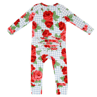 Blue Gingham + Red Roses Cozy Romper