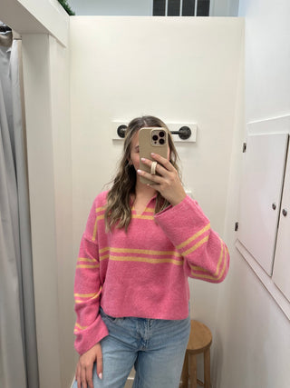 Christi Soft Stripe V-Neck Collared Sweater / Light Fuchsia