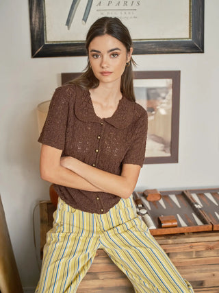 Elise Collared Short Sleeve Open Cardigan Brown