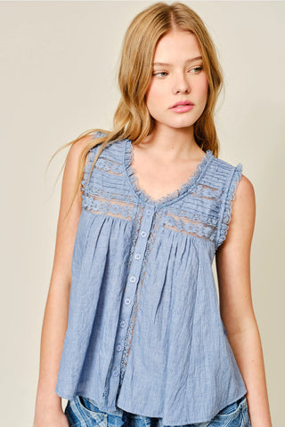 Maria Lace Ruffle Tank Denim Blue