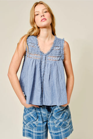 Maria Lace Ruffle Tank Denim Blue
