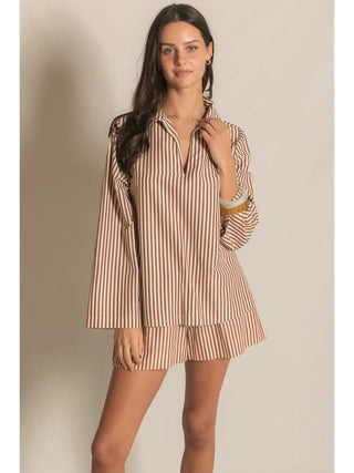 Newport Striped Poplin V-Neck Blouse Brown/Cream