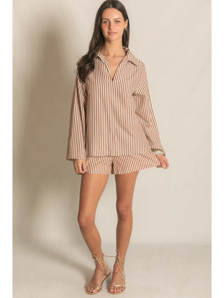 Newport Striped Poplin V-Neck Blouse Brown/Cream