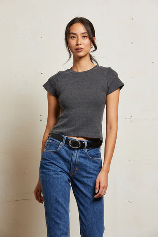 Gabby Sweater Rib Short Sleeve Crewneck - Charcoal | Perfect White Tee