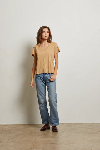 Hendrix Cotton Short Sleeve Boxy V Neck Tee - Suede | Perfect White Tee