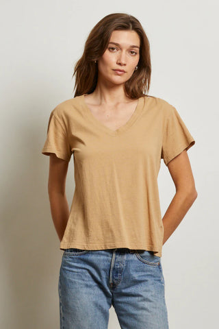 Hendrix Cotton Short Sleeve Boxy V Neck Tee - Suede | Perfect White Tee