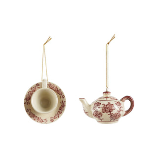 Stoneware Teapot/Teacup Ornament with Botanical Pattern- Burgundy & White