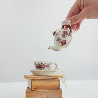 Stoneware Teapot/Teacup Ornament with Botanical Pattern- Burgundy & White