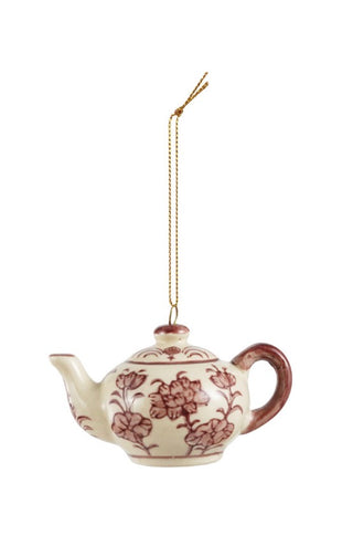 Stoneware Teapot/Teacup Ornament with Botanical Pattern- Burgundy & White