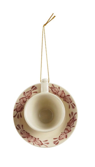 Stoneware Teapot/Teacup Ornament with Botanical Pattern- Burgundy & White