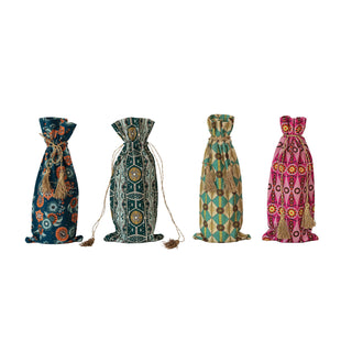 Cotton & Linen Printed Drawstring Wine Bag with Pattern, Gold Tie & Tassels, 4 Styles ©