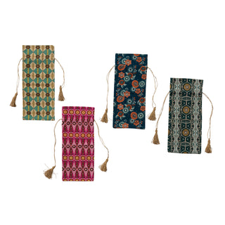 Cotton & Linen Printed Drawstring Wine Bag with Pattern, Gold Tie & Tassels, 4 Styles ©