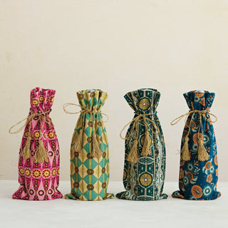 Cotton & Linen Printed Drawstring Wine Bag with Pattern, Gold Tie & Tassels, 4 Styles ©