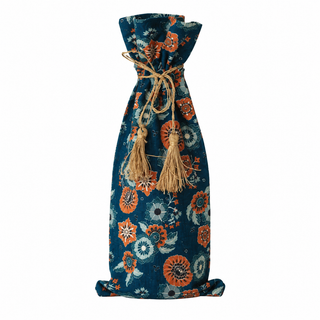 Cotton & Linen Printed Drawstring Wine Bag with Pattern, Gold Tie & Tassels, 4 Styles ©