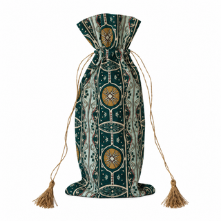 Cotton & Linen Printed Drawstring Wine Bag with Pattern, Gold Tie & Tassels, 4 Styles ©