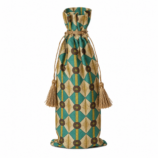 Cotton & Linen Printed Drawstring Wine Bag with Pattern, Gold Tie & Tassels, 4 Styles ©