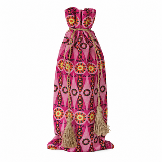 Cotton & Linen Printed Drawstring Wine Bag with Pattern, Gold Tie & Tassels, 4 Styles ©