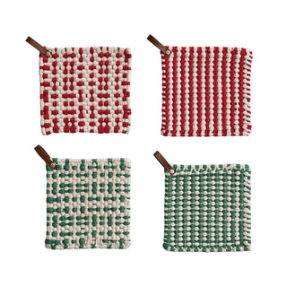8" Cotton Crocheted Pot Holder with Leather Loop Holiday, 4 Styles