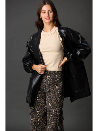 Faux Leather Billowy Sleeve Jacket - Black