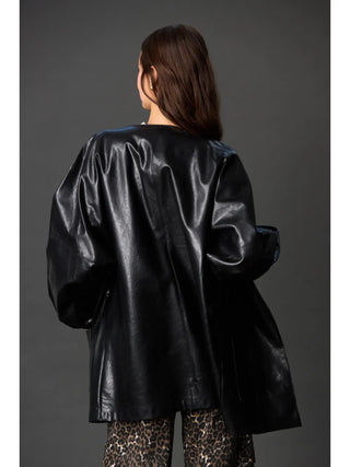 Faux Leather Billowy Sleeve Jacket - Black