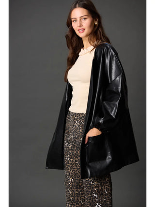 Faux Leather Billowy Sleeve Jacket - Black
