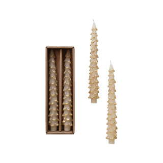Tall Tree Shaped Gold Flocked Taper Candles // Boxed Set of 2