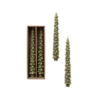 Tall Tree Shaped Gold Flocked Taper Candles // Boxed Set of 2