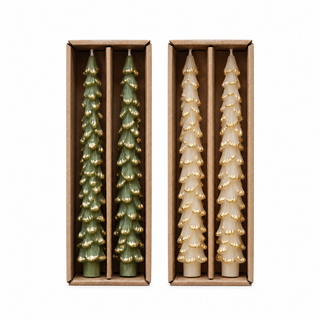 Tall Tree Shaped Gold Flocked Taper Candles // Boxed Set of 2