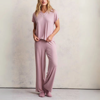 Luxe Milk Jersey Piped Short Sleeve Pant Set - Teaberry | Barefoot Dreams