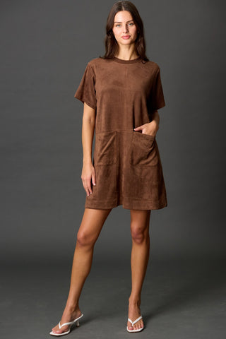 Mabel Microsuede Short Sleeve Dress - Chocolate