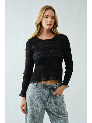 Iris Lace Detail Smocking Top - Black