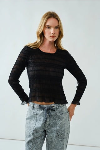 Iris Lace Detail Smocking Top - Black