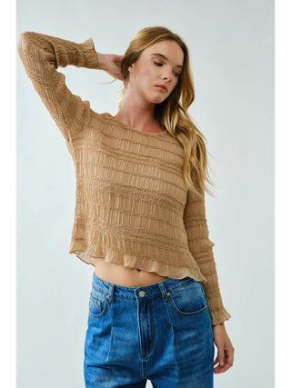 Iris Lace Detail Smocking Top - Sand