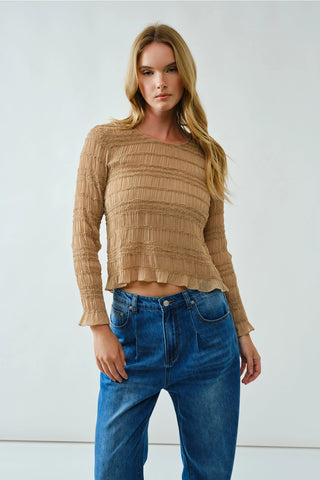 Iris Lace Detail Smocking Top - Sand