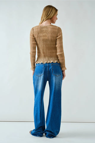 Iris Lace Detail Smocking Top - Sand