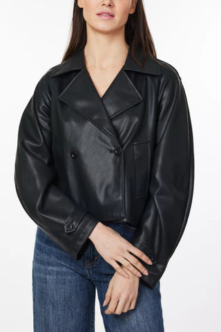 Vegan Leather Cropped Trench Jacket - Black