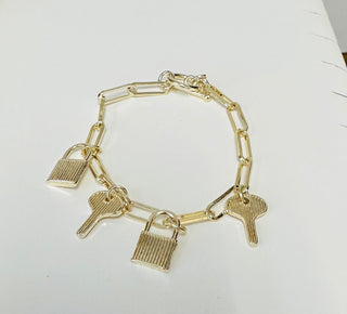 Lock & Key Gold Charm Paperclip Chain Bracelet