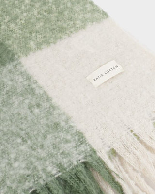 Recycled Checkered Tassel Scarf - Olive Green and Off White