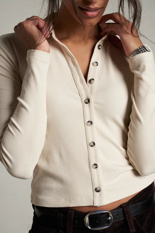 Amee Luxe Rib LS Polo Button Front Top - Sugar // Perfect White Tee