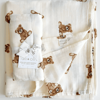 Bamboo Muslin Swaddle Baby Blanket - Teddy Bear